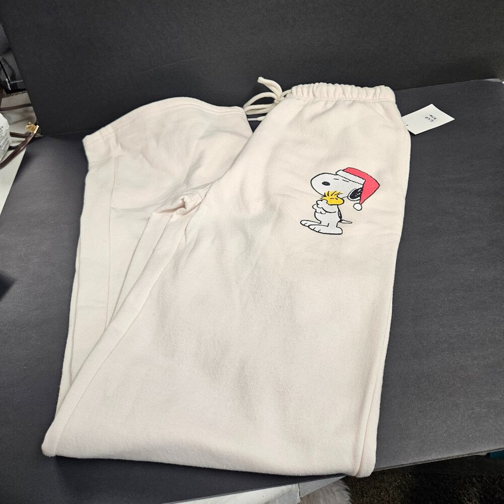 Peanuts XS Off White Sweat Pants wide leg with Snoopy & Woodstock